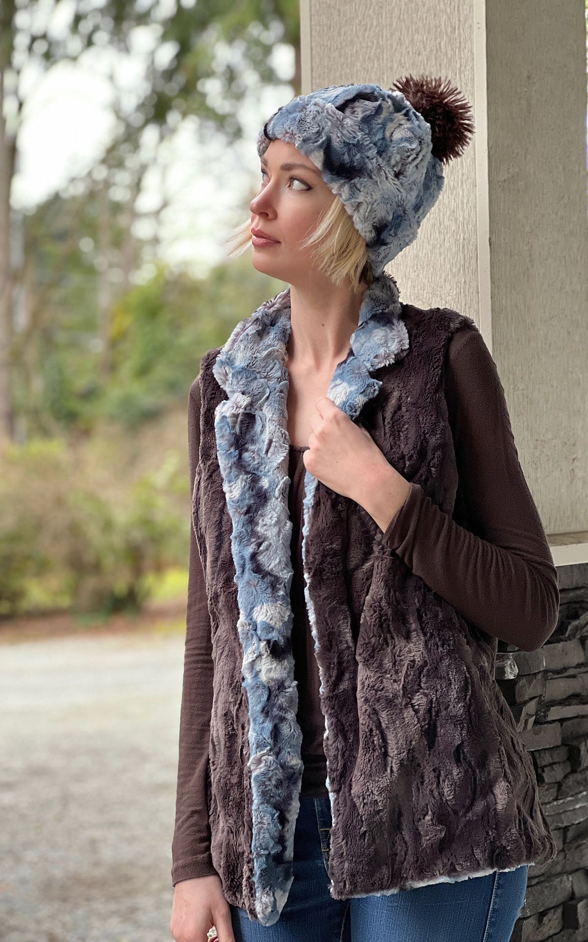 Mandarin Vest Short with matching Beanie Hat | Rainier Sky Faux Fur Reversed to Espresso Bean | Handmade in the USA by Pandemonium Seattle