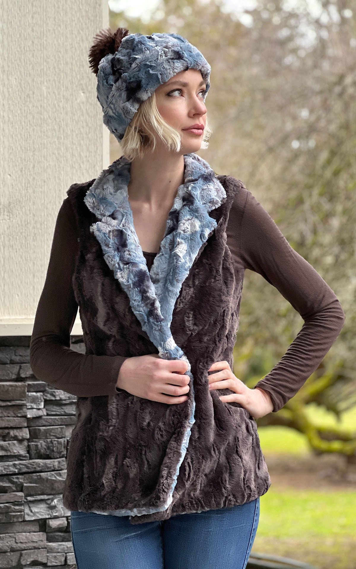  Women&#39;s Reversible Beanie on model with matching Mandarin Vest | Cascade in Rainer Sky, Blue, Cream and Brown Faux Fur with Espresso | Handmade USA by Pandemonium Seattle