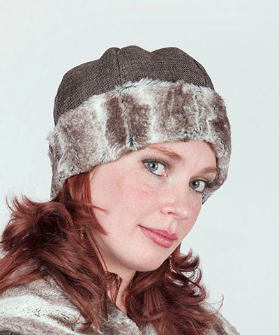  Women's Beanie on model | Birch brown and Ivory Faux Fur with Origin  | Handmade USA by Pandemonium Seattle