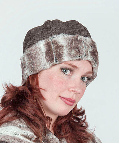  Side view Women&#39;s Beanie on model | Birch brown and Ivory Faux Fur with Origin  | Handmade USA by Pandemonium Seattle