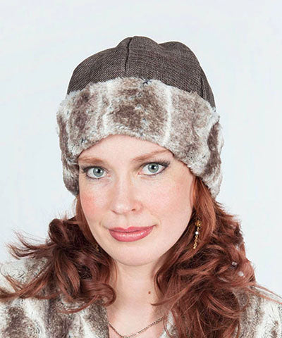  Women&#39;s Beanie on model | Birch brown and Ivory Faux Fur with Origin  | Handmade USA by Pandemonium Seattle
