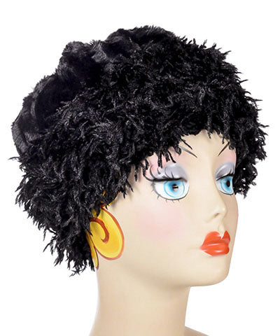 Beanie Hat Reversible Black Swan Faux Feather With Cuddly Faux Fur in Black - Shown in Reverse by Pandemonium Millinery