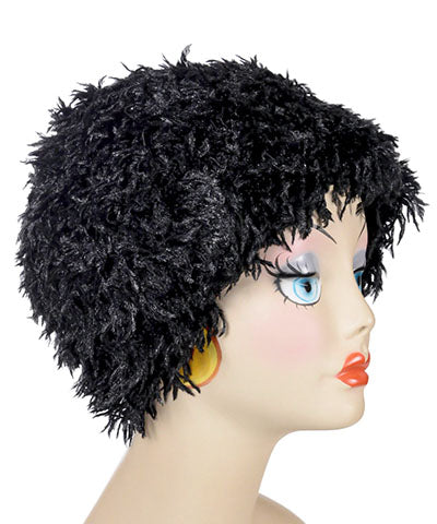 Beanie Hat Reversible Black Swan Faux Feather With Cuddly Faux Fur in Black by Pandemonium Millinery