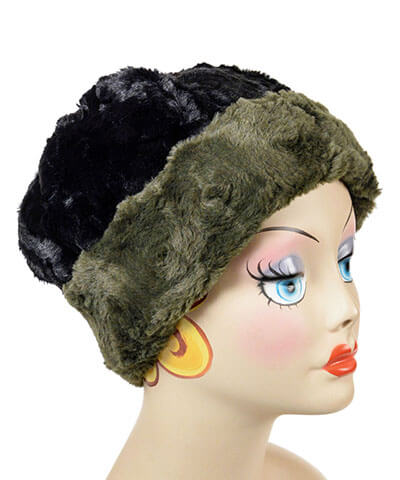 Beanie Hat Reversible Cuddly Faux in Army Green Lined in Cuddly Black  - Shown in Reverse by Pandemonium Millinery