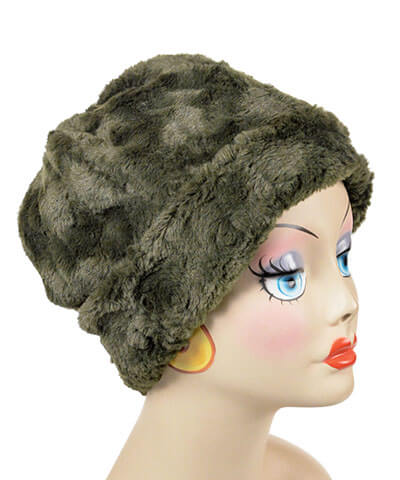 Beanie Hat Reversible Cuddly Faux in Army Green Lined in Cuddly Black with Red Fox Pom - by Pandemonium Millinery