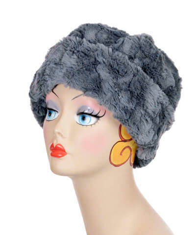 Beanie Hat reversible Cuddly Faux Fur in Slate shown cuffed. Handmade by Pandemonium Millinery in Seattle, WA.