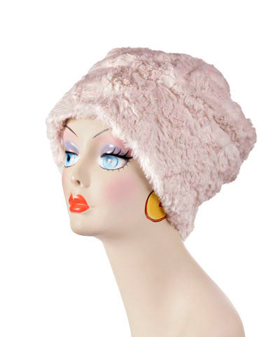 Beanie Hat reversible Cuddly Faux Fur in Sand shown uncuffed. Handmade by Pandemonium Millinery in Seattle, WA.