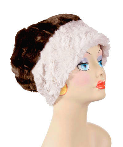 Beanie Hat reversible Cuddly Faux Fur in Sand shown with Chocolate lining. Handmade by Pandemonium Millinery in Seattle, WA.