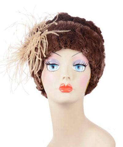 Beanie Hat Reversible Cuddly Faux in Chocolate Lined in Cuddly Black - Shown with Feather F219-2 by Pandemonium Millinery