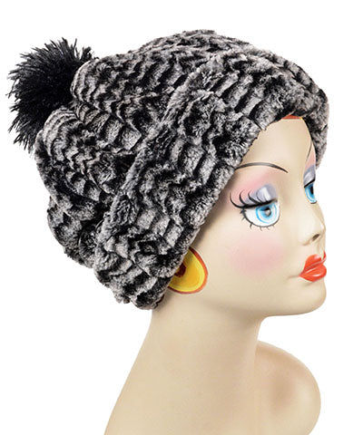 Beanie Hat Reversible Luxury Faux Fur in 8mm in Black and White Lined in Cuddly Black - With Pom Pom by Pandemonium Millinery