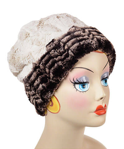 Beanie Hat Reversible Luxury  Faux Fur in 8mm in Sepia  Lined in Cuddly Sand  Shown in Reverse- by Pandemonium Millinery
