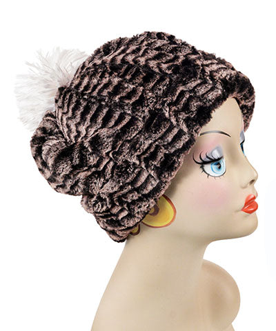 Beanie Hat Reversible Luxury  Faux Fur in 8mm in Sepia Lined in Cuddly Sand - With Pom Pom by Pandemonium Millinery