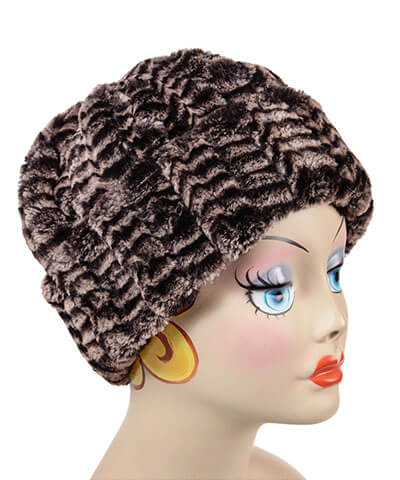 Beanie Hat Reversible Luxury  Faux Fur in 8mm in Sepia  Lined in Cuddly Sand - by Pandemonium Millinery