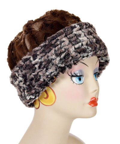 Beanie Hat shown reversed in Calico and Cuddly Chocolate Faux Fur. Handmade by Pandemonium Millinery in Seattle, WA.