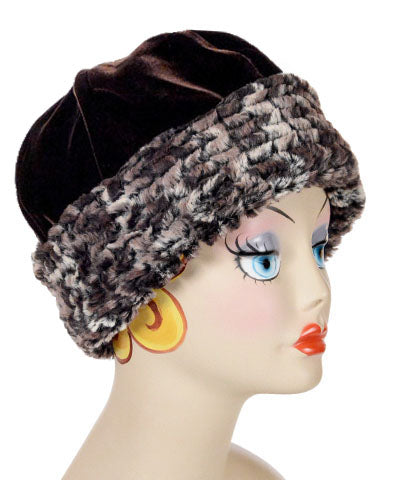 Beanie Hat, reversible – in Chocolate Velvet lined in Calico Faux Fur, side view. By Pandemonium Millinery.