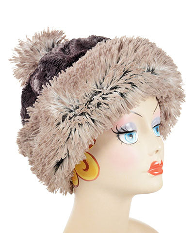 Beanie Hat shown in reverse in Arctic Fox and Espresso Bean Faux Fur with Pom Pom. Handmade by Pandemonium Millinery in Seattle, WA