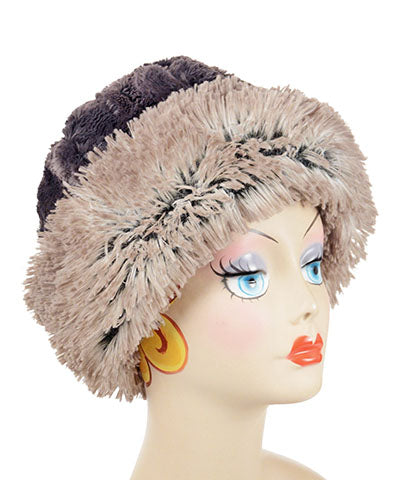 Beanie Hat shown in reverse in Arctic Fox and Espresso Bean Faux Fur. Handmade by Pandemonium Millinery in Seattle, WA.