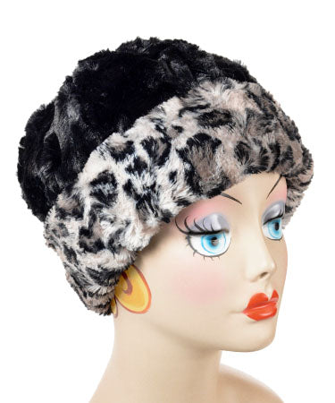   Women's Reversible Beanie on mannequin shown in reverse | Savannah Cat Faux Fur with Cuddly Black | Handmade USA by Pandemonium Seattle