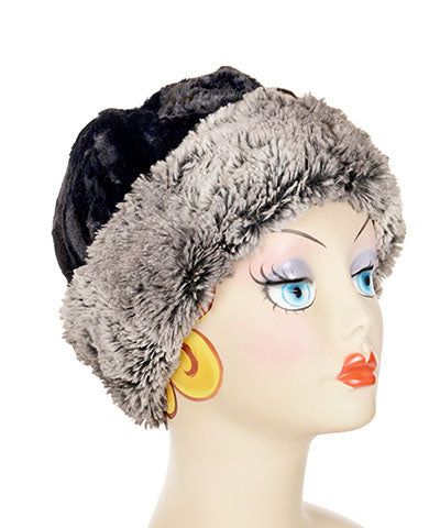 Women&#39;s Reversible Beanie on mannequin shown in reverse  | Seattle Sky Gray Faux Fur with Cuddly Black Lining | Handmade USA by Pandemonium Seattle