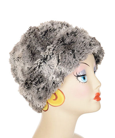 Women&#39;s Reversible Beanie on mannequin | Seattle Sky Gray Faux Fur with Cuddly Black Lining | Handmade USA by Pandemonium Seattle