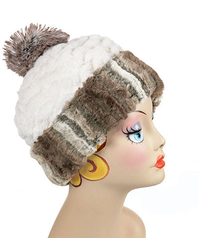 Beanie Hat, Reversible - Plush Faux Fur in Willows Grove Lined in Plush Faux Fur in Falkor with Arctic Fox Pom Pomby Pandemonium Millinery