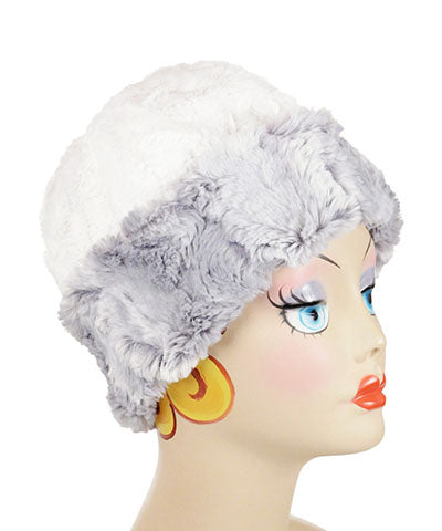 Women's Reversible Beanie on mannequin | Winter River Ice Blue Faux Fur with Cuddly Black Ivory | Handmade USA by Pandemonium Seattle