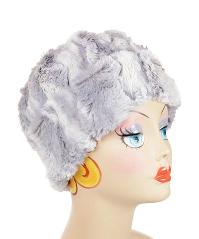 Women's Reversible Beanie on mannequin | Winter River Ice Blue Faux Fur with Cuddly Black Ivory | Handmade USA by Pandemonium Seattle