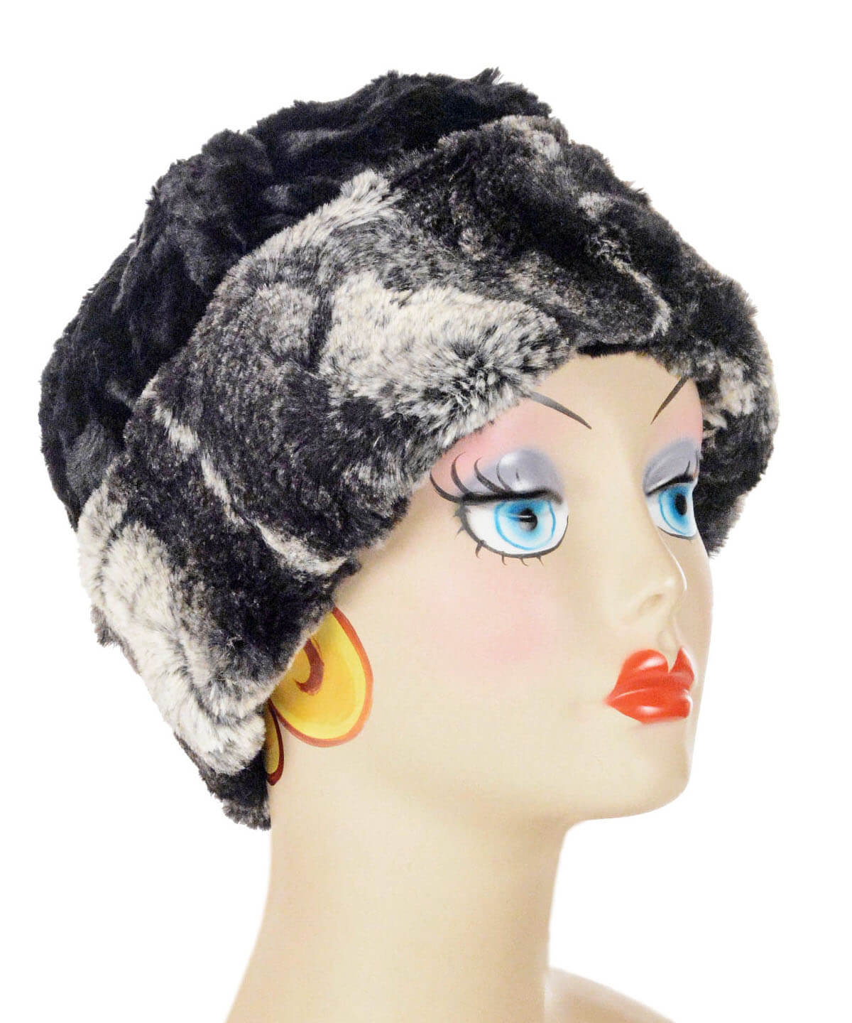 Beanie Hat, Reversible - Luxury Faux Fur in Honey Badger with Pom Pom shown in reverse - By Pandemonium Millinery