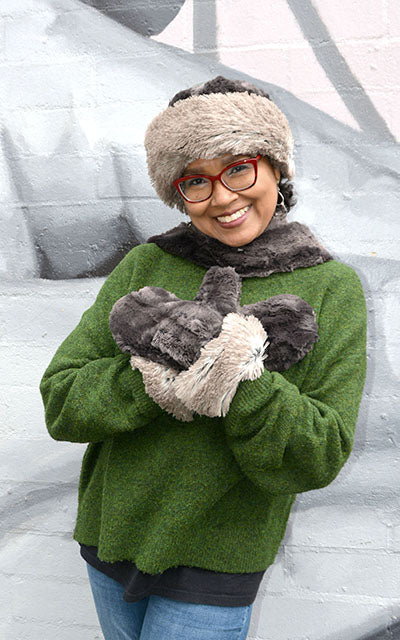 Mittens on Model with Matching Hat | Espresso Faux Fur with Arctic Cuff | Handmade USA Pandemonium Seattle