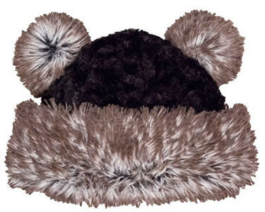 Bear Beanie Hat with ears, in Cuddly Black and Arctic Fox Faux Fur. Front view. Handmade by Pandemonium Millinery.