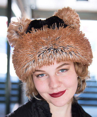 Bear Beanie Hat with ears, in Cuddly Black and Red Fox Faux Fur. Front view. Handmade by Pandemonium Millinery.