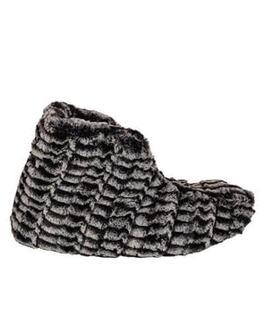 Bootie Slippers in 8mm Black White Luxury Faux Fur Side View | Handmade in Seattle WA | Pandemonium Millinery
