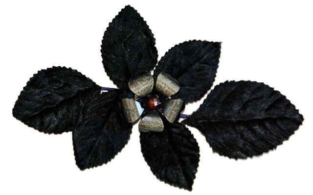 Women&#39;s Brooch with Black Velvet Leaves and Metal Flower Button | Handmade in Seattle WA | Pandemonium Millinery