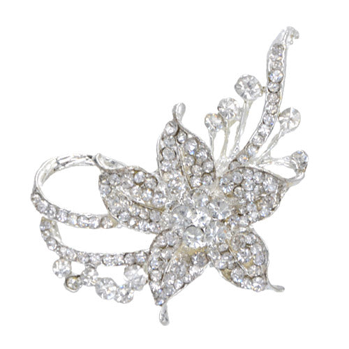 Rhinestone Brooch | Clear and Silver Floral Swoop | from Pandemonium Millinery