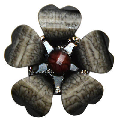 Metal Flower Button in Black Taupe with Burgundy Stone | Handmade in Seattle WA | Pandemonium Millinery