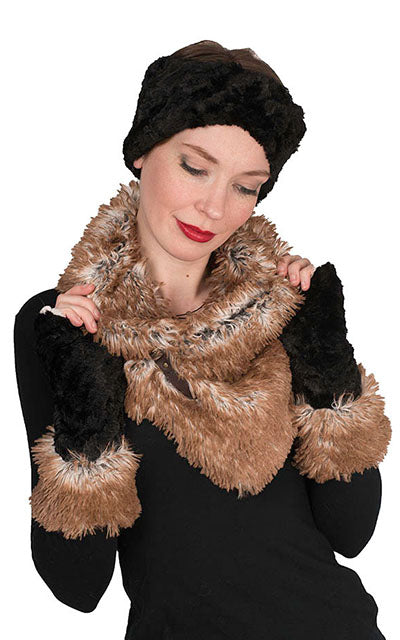 Fingerless Gloves with Cuff Model Shot | Black Cuddly Faux Fur with Red Fox Cuff | Handmade by Pandemonium Millinery Seattle WA USA