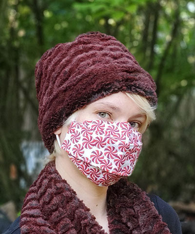 Civvy Face Mask (Box) Model Shot - Peppermint Swirl Holiday Collection - Handmade Pandemonium Millinery Seattle WA USA