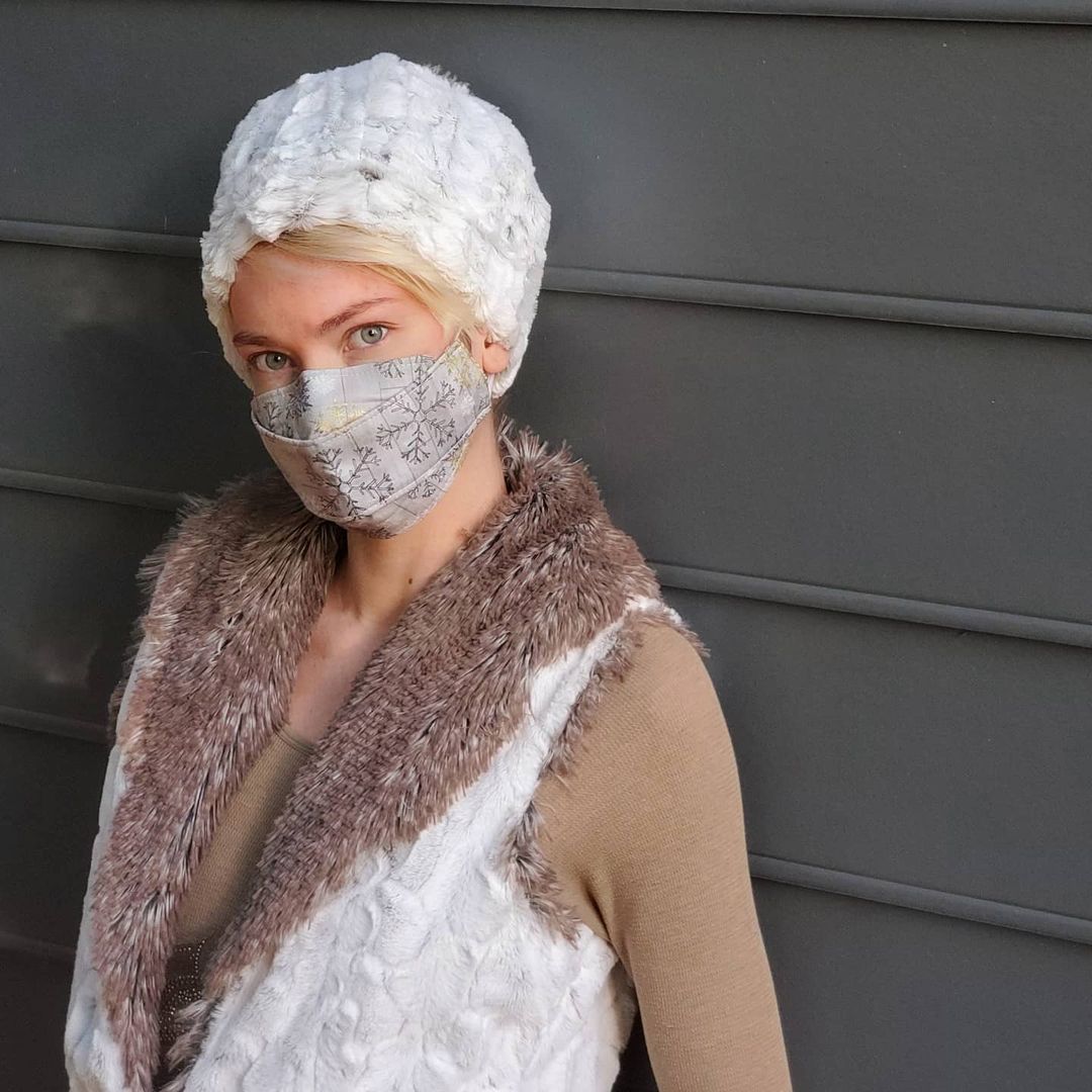 Close up Model Shown in Shawl Collar Vest with Cuffed Pillbox | Winter Frost Faux Fur with Arctic Fox | By Pandemonium Millinery | Seattle WA USA