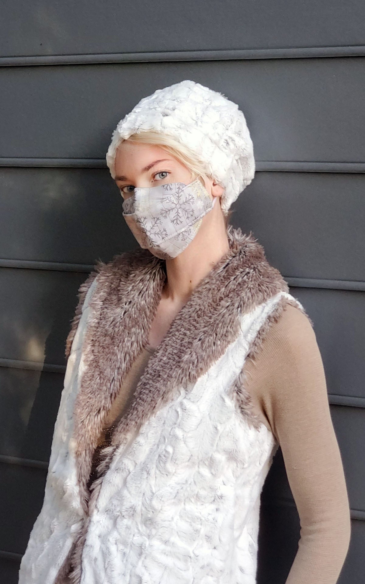 Model is Wearing Shawl Collar Vest with Cuffed Pillbox | Winter Frost Faux Fur with Arctic Fox | By Pandemonium Millinery | Seattle WA USA