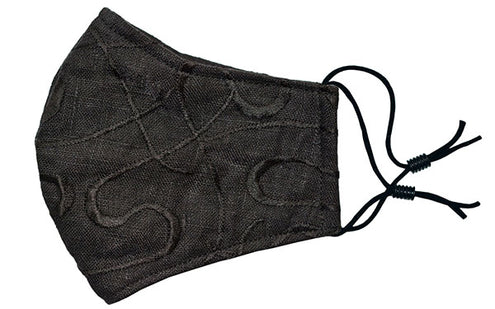 Civvy Face Mask (Cone) - Black Embroidered Linen - handmade Pandemonium Millinery Seattle WA USA