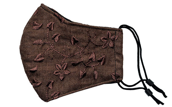 Men&#39;s Civvy Face Mask (Cone) - Brown Floral Embroidered Linen - handmade Pandemonium Millinery Seattle WA USA