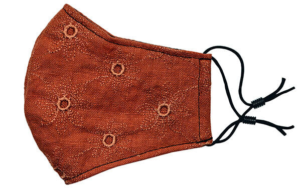 Men&#39;s Civvy Face Mask (Cone) - Rust Eyelet Embroidered Linen - handmade Pandemonium Millinery Seattle WA USA