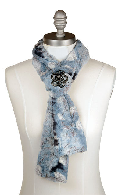 Classic Skinny Scarf with Brooch | Rainier Sky Luxury Faux Fur | Handmade in the USA by Pandemonium Seattle