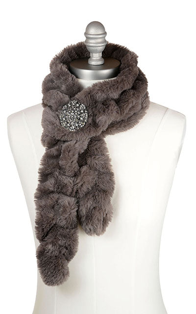Royal Opulence Skinny Scarf in Mink Gray with additional Brooch. Handmade by Pandemonium Seattle.
