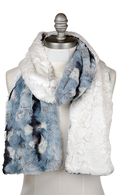 Two-Tone Classic Scarf in Rainier Sky Faux Fur with Cuddly Ivory Handmade in the USA by Pandemonium Seattle