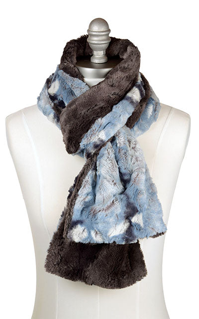 Two-Tone Classic Scarf in Rainier Sky Faux Fur with Espresso Bean Handmade in the USA by Pandemonium Seattle