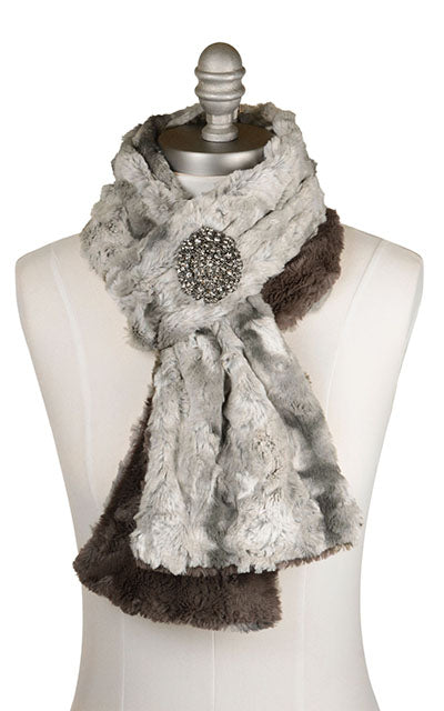 Two-Tone Classic Scarf with Rhinestone Brooch  in White Water Faux Fur with Cuddly Gray Handmade in the USA by Pandemonium Seattle