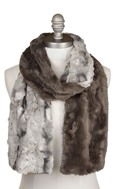 Two-Tone Classic Scarf in White Water Faux Fur with Cuddly Gray Handmade in the USA by Pandemonium Seattle