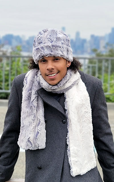 Man wearing Scarf and Beanie Hat in Winter River Faux Fur Handmade by Pandemonium Seattle