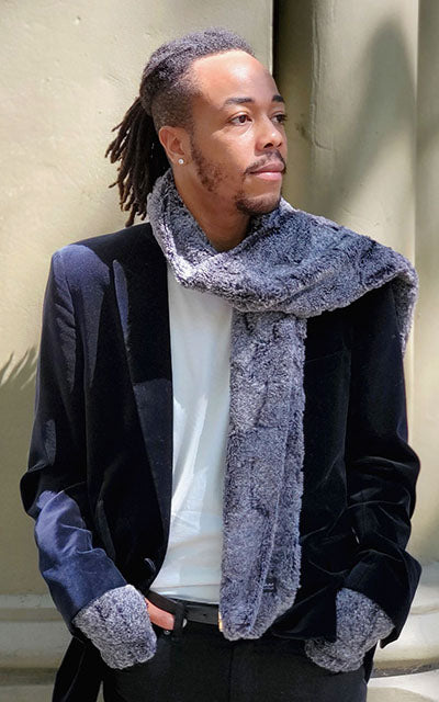 Men's model in  Classic Scarf  and matching fingerless gloves in Luxury Faux Fur in Nimbus - Solid  by Pandemonium Seattle